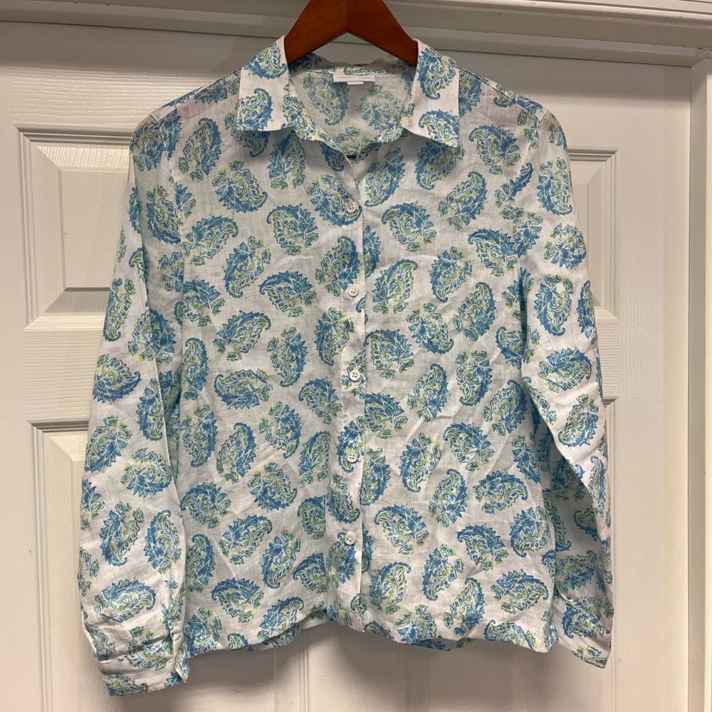 J. Jill Live Linen Blue & Green Paisley Button Down Shirt sz XS EUC